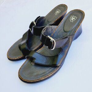 Ariat Women's Black Leather Toe Loop Wedge Slide Sandals - size 10 B